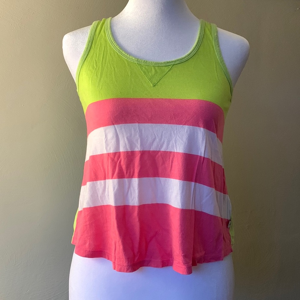 Hollister Tank Top Lime Green w/ Pink & White Stripes on Front. Size XS